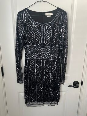 Molly Bracken Black Sequin Long-Sleeve Geometric Dress